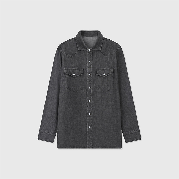 brunello cucinelli washed denim western style long sleeve button up shirt